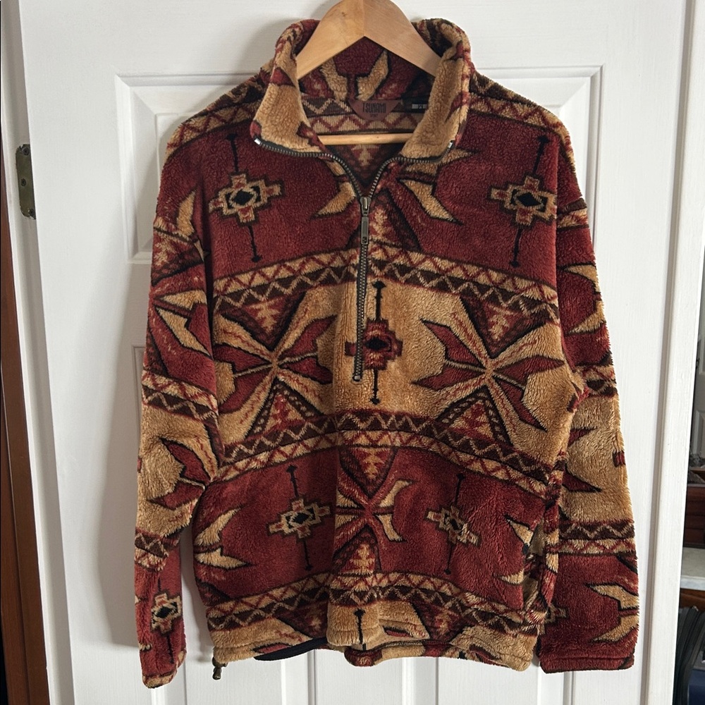 Women’s Zip-Up Southwestern Sweater - Burgundy and Tan